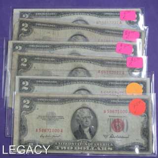 CURRENCY LOT $2.00 $5.00 NOTES RED AND BLUE SEALS (PT  