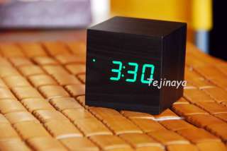 GREEN LED Dark Wood Cube USB Digital Desk Alarm Clock.  