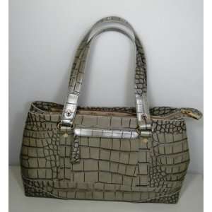   Putty Stamped Croc All Leather Satchel Tote Handbag 