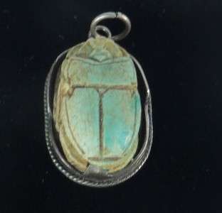 ANTIQUE ANCIENT EGYPT STERLING FAIENCE SCARAB BEETLE PENDANT~EGYPTIAN 
