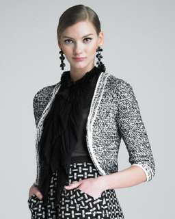 Cropped Tweed Jacket, Layer Front Sheer Blouse & Printed Sateen Skirt