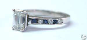 Fine Emerald Cut Diamond Sapphire Engagement Ring 18KT  