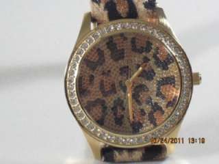   U85109L1 Womens Goldtone Crystal Leopard Dial Leather Band Watch $85