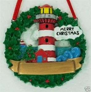 Lighthouse Xmas Ornament Red Coastal Christmas Wreath Can Personalize 