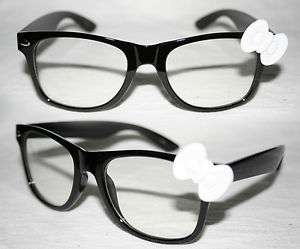 Wayfarer Nerd Glasses Hello Kitty white Bow Black frame clear lense 