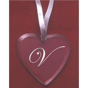  Glass Heart Ornament with the Letter V 