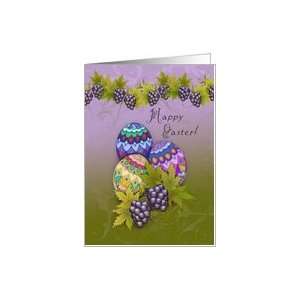  Happy Easter Decorated Eggs, Purple Grapes and Swirls 