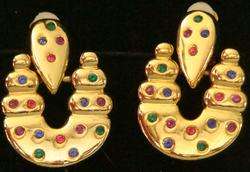 BEAUTIFUL New VINTAGE 1980s CLIP Earrings 11.3 Goldtone w. JEWEL Tone 