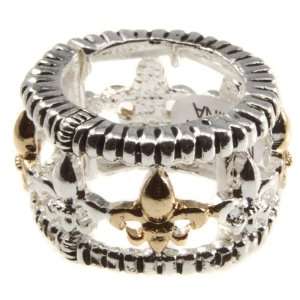 Silver tone stretch band ring featuring gold and silver tone Fleur De 
