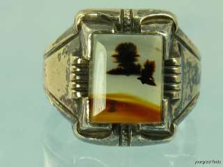 VINTAGE 925 STERLING SILVER & LANDSCAPE AGATE CHALCEDONY RING  