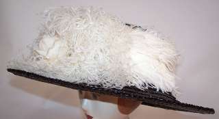   Titanic Black Straw White Ostrich Feather Large Wide Brim Boater Hat