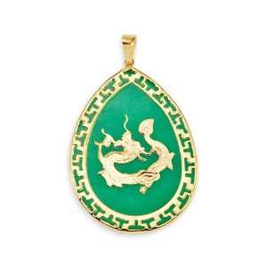  14k Yellow Gold Green Jade Chinese Dragon Pendant Jewelry
