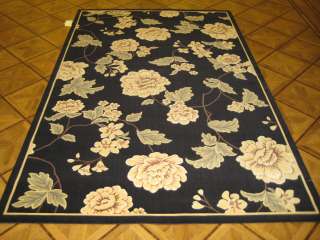   Black & Yellow Floral Machine Made Wool Area Rug   