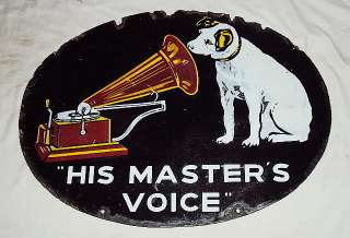 VINTAGE ORIGINAL 2 SIDED HIS MASTERS VOICE PORCELAIN ENAMEL SIGN 1940 