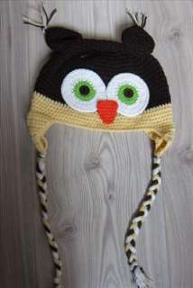 Baby Toddler Brown Yellow Crochet Owl Ear Flap Hat Cap  