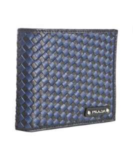 style #315374901 baltic blue saffiano leather woven bi fold wallet 