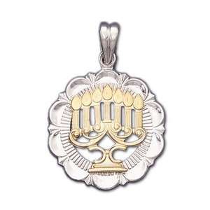   925 Sterling Silver and 14K Gold Jewish Menorah Pendant Charm Jewelry