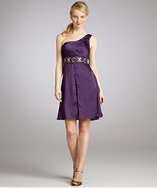 Sue Wong dark purple satin beaded waist one shoulder party dress style 