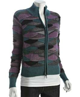 Missoni teal diamond patterned wool blend zip up mock neck sweater