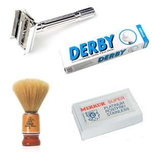 SF401 Shaving Factory DE Safety Razor, Hand Made Shaving Brush, Derby 