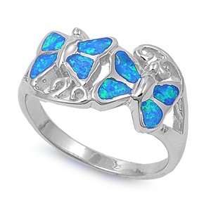 Sterling Silver Ring in Lab Opal   Butterfly   Ring Face Height 10mm 