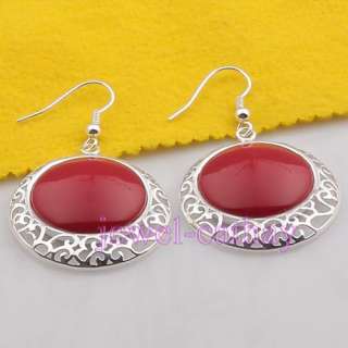 Gorgeous Hollow out Silver Plated Red Coral Dangle Earrings