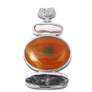   Plated Brass Shell Abalone & Coral & Mother Of Pearl Pendant Jewelry