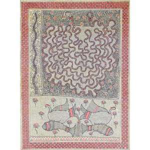 The Snake Goddess   Madhubani Painting on Hand Made Pape Treated with 