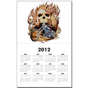Calendar Print w Current Year Biker Skull Flames Rose and Motorcycle