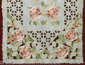 Embroidered Rose Daisy Floral Cutwork Pastel Easter Ivory Table Runner 