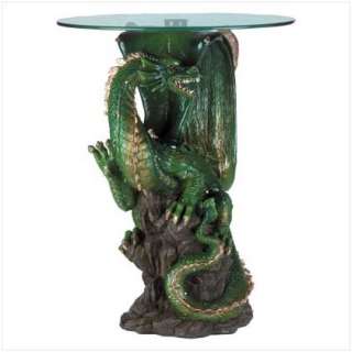 , fire breathing beast perches beneath this tempered glass tabletop 