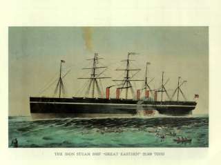 OLD PRINT IRON STEAM SHIP GREAT EASTERN SIDE WHEEL  
