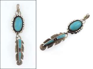 Oval Turquoise Bird Feather Sterling Silver Pendant  