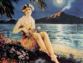 Anonymous Hawaii Ukulele Seaside Pin up Girl Print Art  