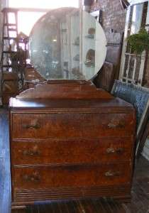   Wood Three Drawer Bedroom Dresser Vanity w/ Aged Round Mirror  