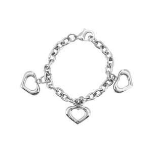 Stainless Steel Bracelet Three Heart Charms And Cubic Zirconia   Size 